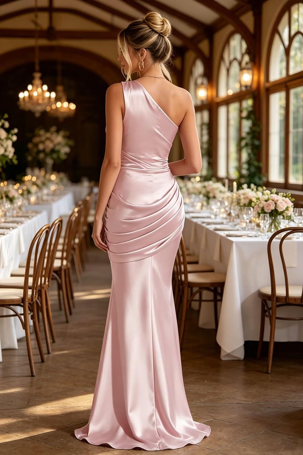 One Shoulder Satin Bridesmaid Dresses Pleated Mermaid Formal Evening Gown