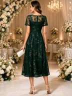 Sparkly Lace Tea Length Mother of The Bride Dresses with Shot Sleeves