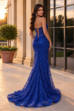 Glitter Corset Prom Dress Strapless Mermaid Lace Evening Gown