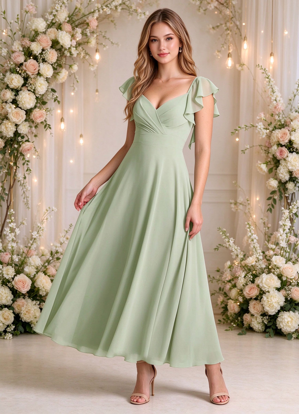 Flutter Sleeves Tea Length Bridesmaid Dresses Square Neck Midi Party Dress