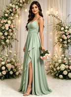 Spaghetti Straps V Neck Bridesmaid Dresses with Slit