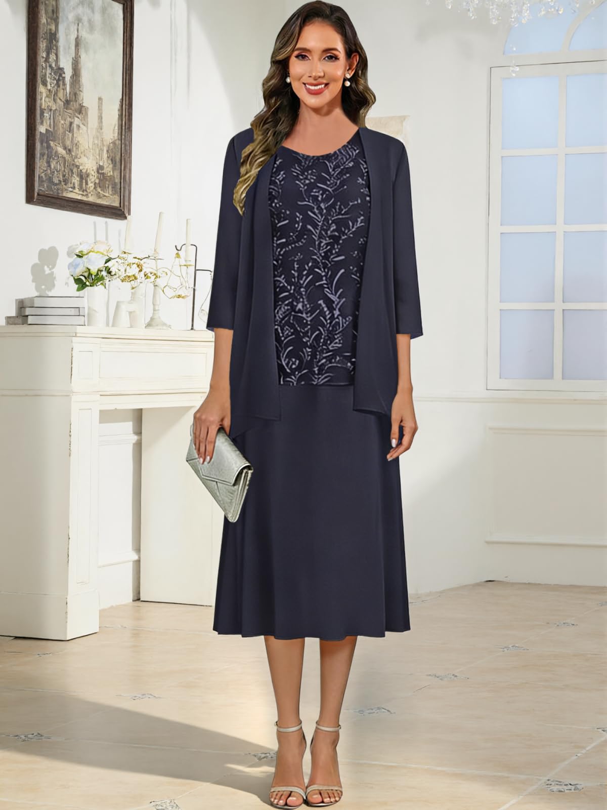 Lace Applique Tea Length Mother of The Bride Dresses with Jacket