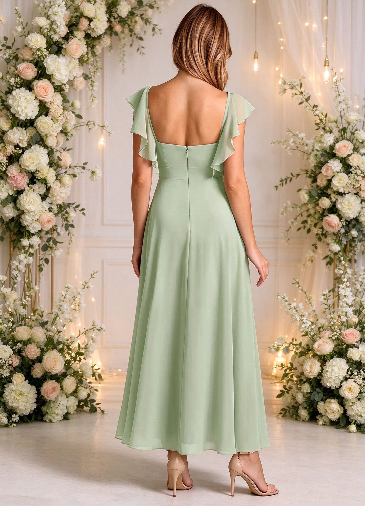 Flutter Sleeves Tea Length Bridesmaid Dresses Square Neck Midi Party Dress