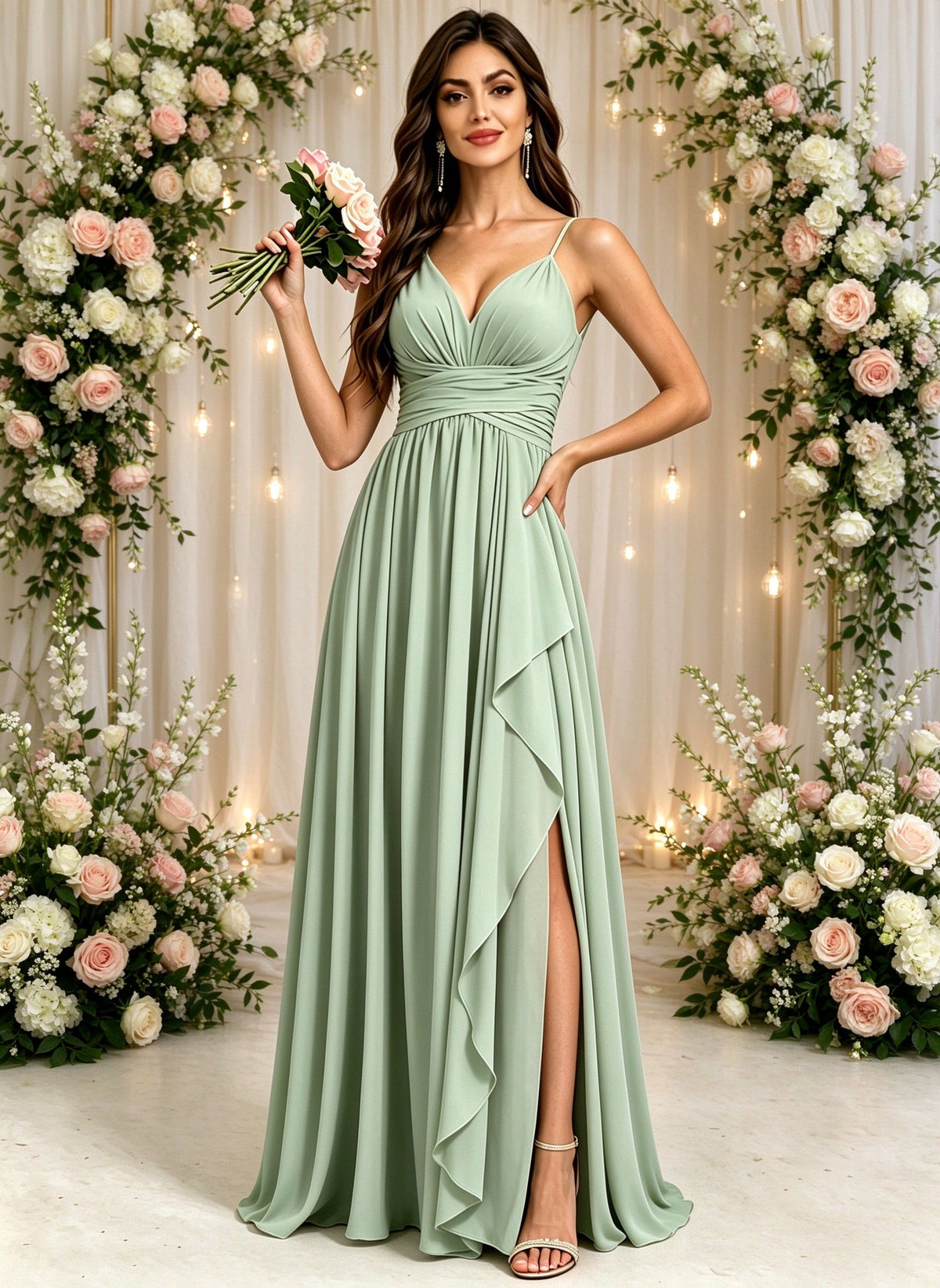 Spaghetti Straps V Neck Bridesmaid Dresses with Slit