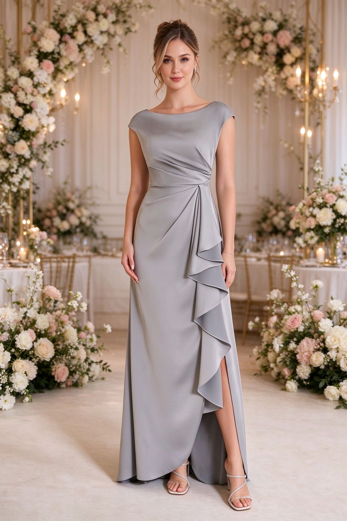 Satin Mermaid Formal Dress Side Slit Boat Neck Mother Of The Bride Dress