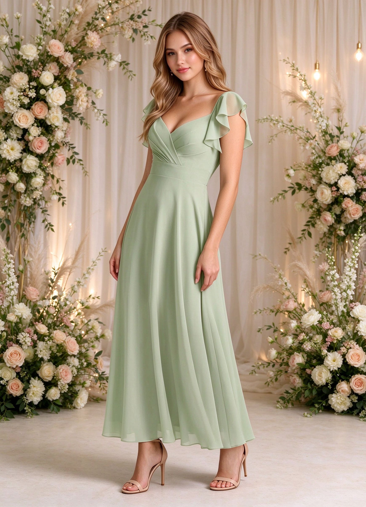 Flutter Sleeves Tea Length Bridesmaid Dresses Square Neck Midi Party Dress