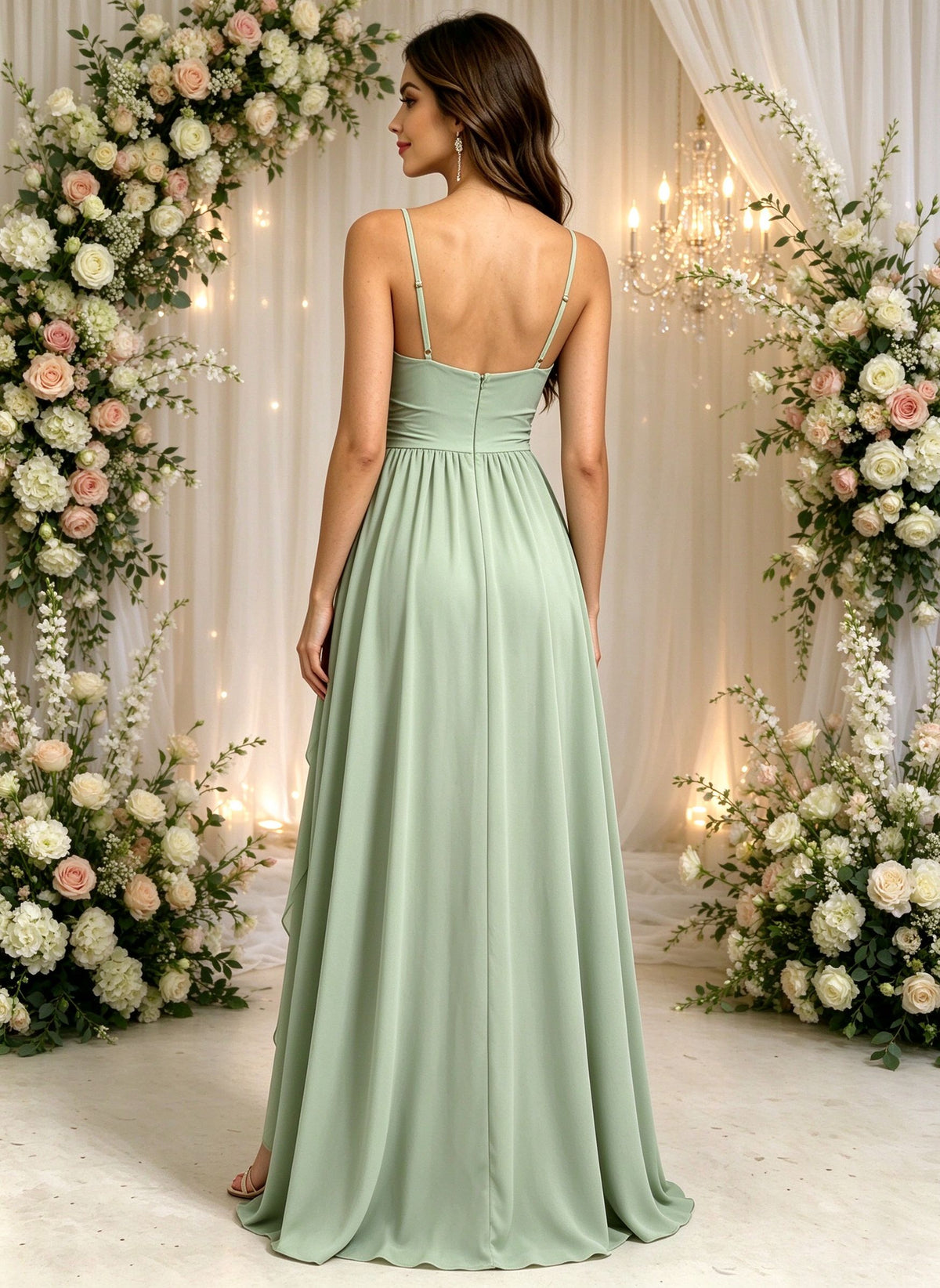Spaghetti Straps V Neck Bridesmaid Dresses with Slit