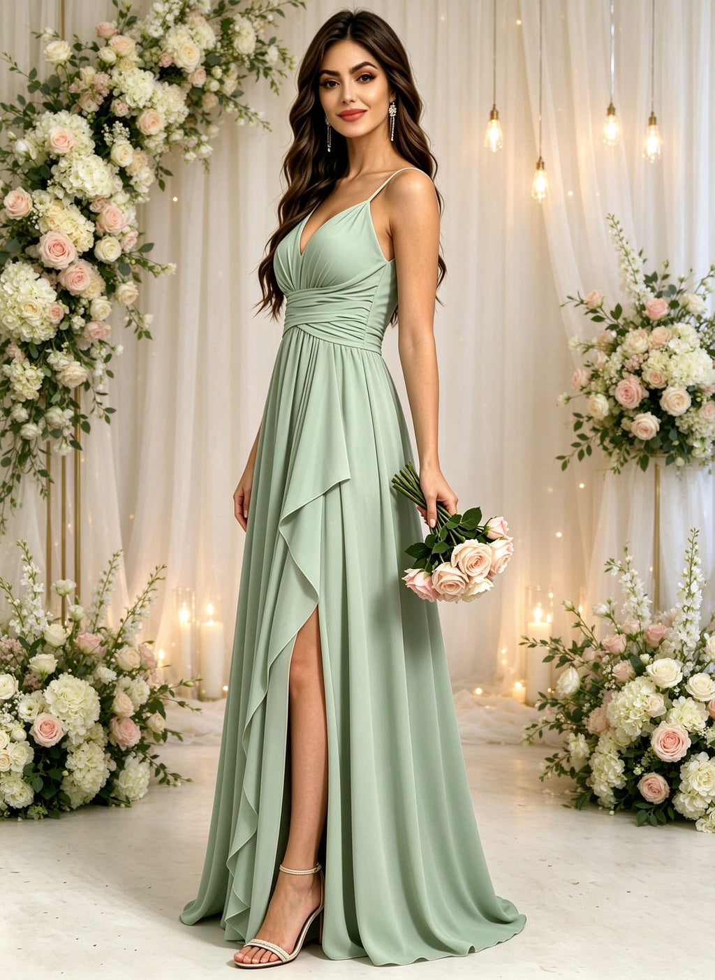 Spaghetti Straps V Neck Bridesmaid Dresses with Slit