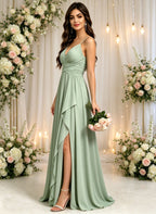 Spaghetti Straps V Neck Bridesmaid Dresses with Slit