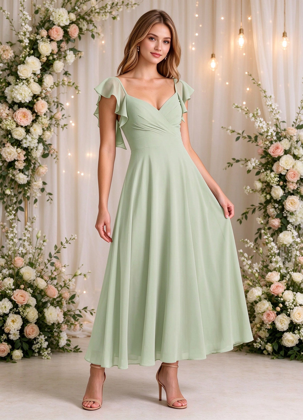 Flutter Sleeves Tea Length Bridesmaid Dresses Square Neck Midi Party Dress