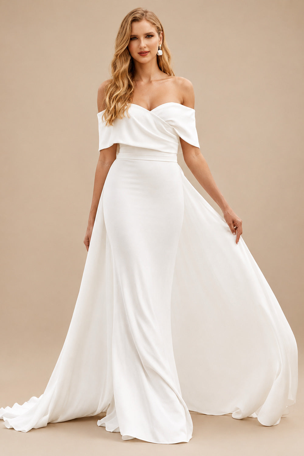 Rutipo Ivory Classic Off-the-Shoulder Stretch Fit & Flare Wedding Dress with Detachable Train