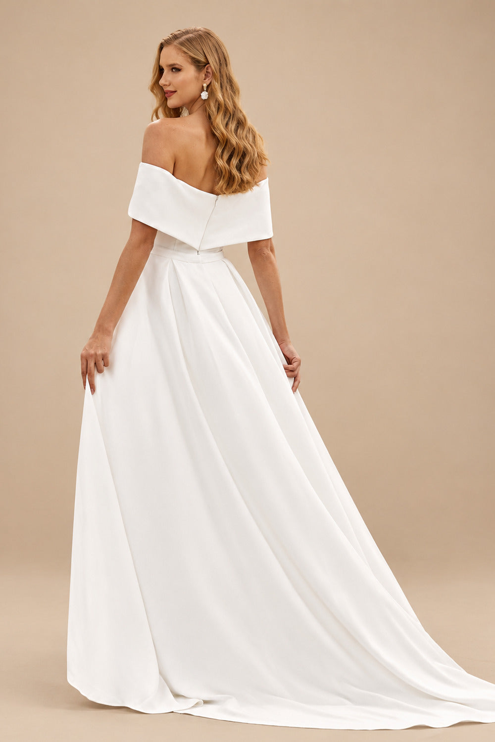 Rutipo Ivory Classic Off-the-Shoulder Stretch Fit & Flare Wedding Dress with Detachable Train