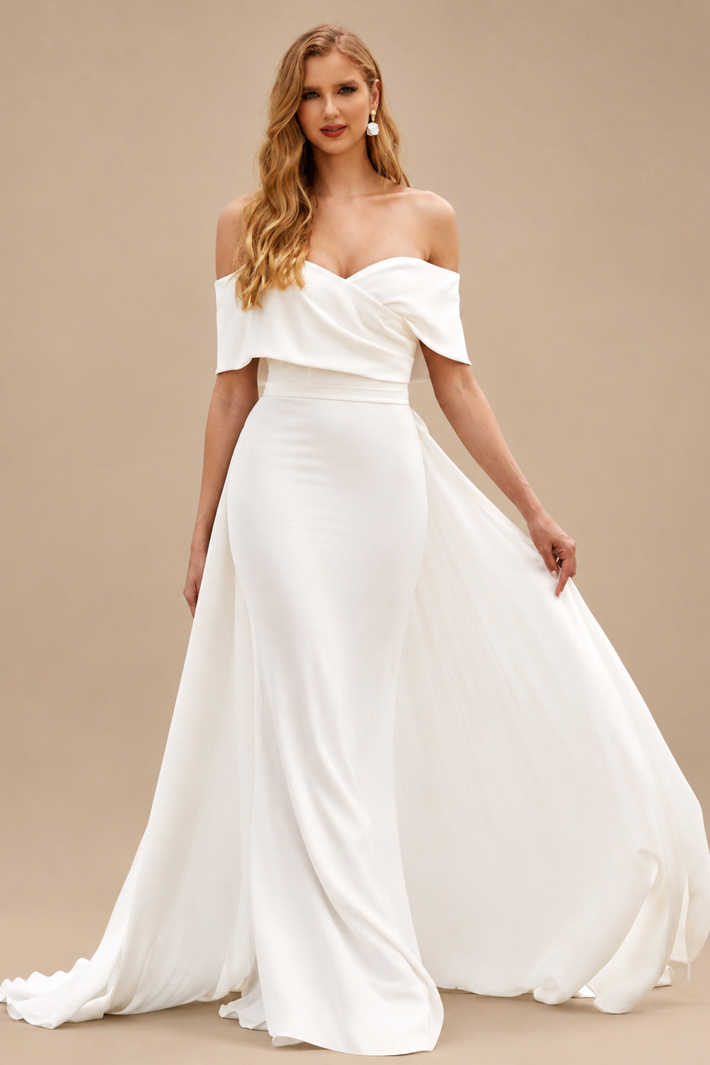 Rutipo Ivory Classic Off-the-Shoulder Stretch Fit & Flare Wedding Dress with Detachable Train