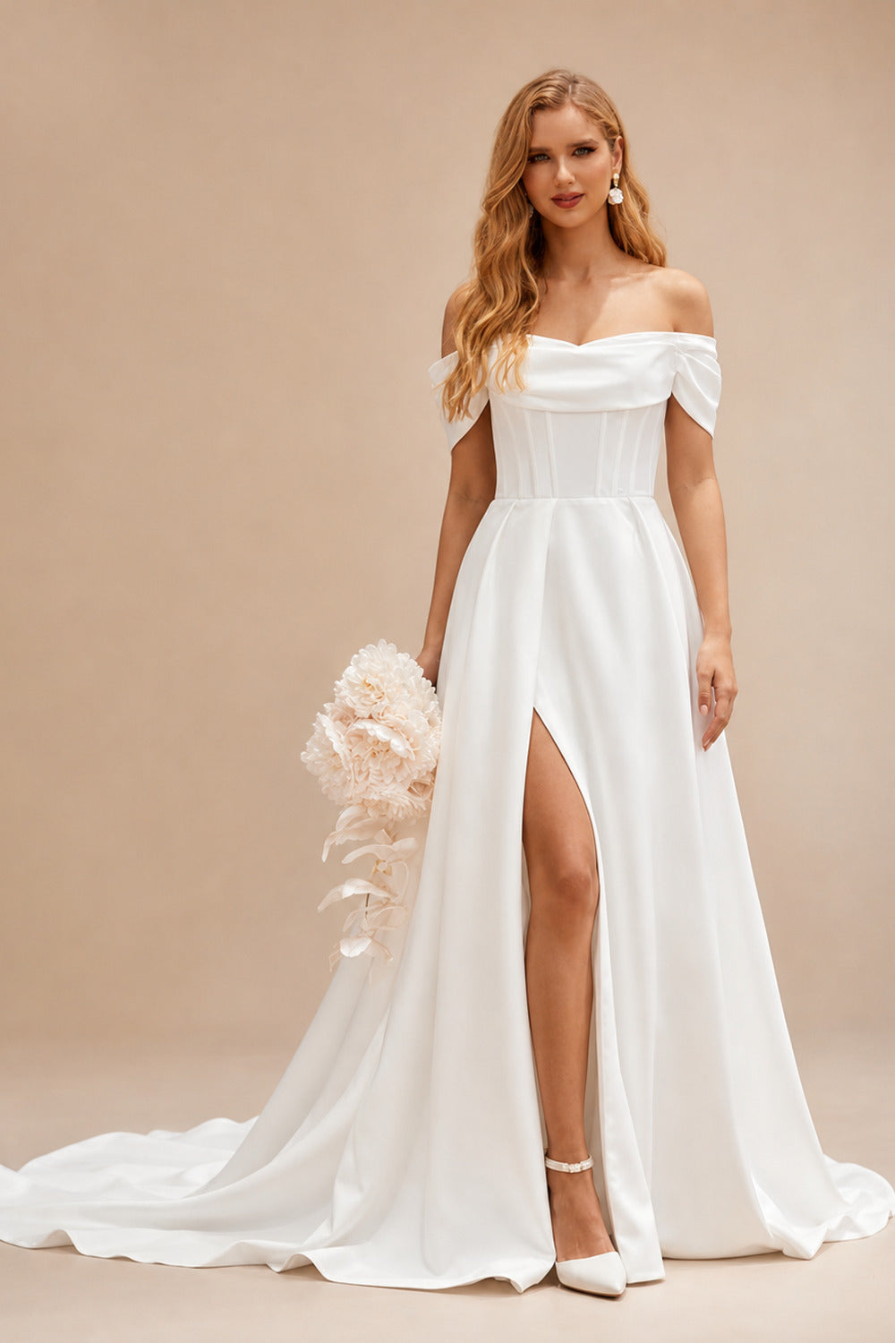 Rutipo Ivory Classic A-line Off-Shoulder High-end Satin Chapel Train Wedding Dress with Pleats Slit