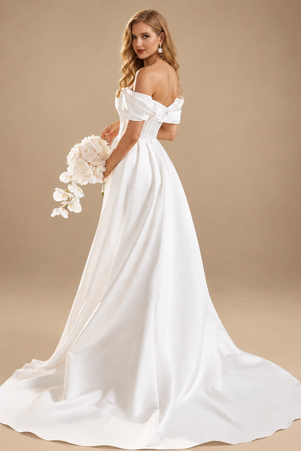 Rutipo Ivory Classic A-line Off-Shoulder High-end Satin Chapel Train Wedding Dress with Pleats Slit
