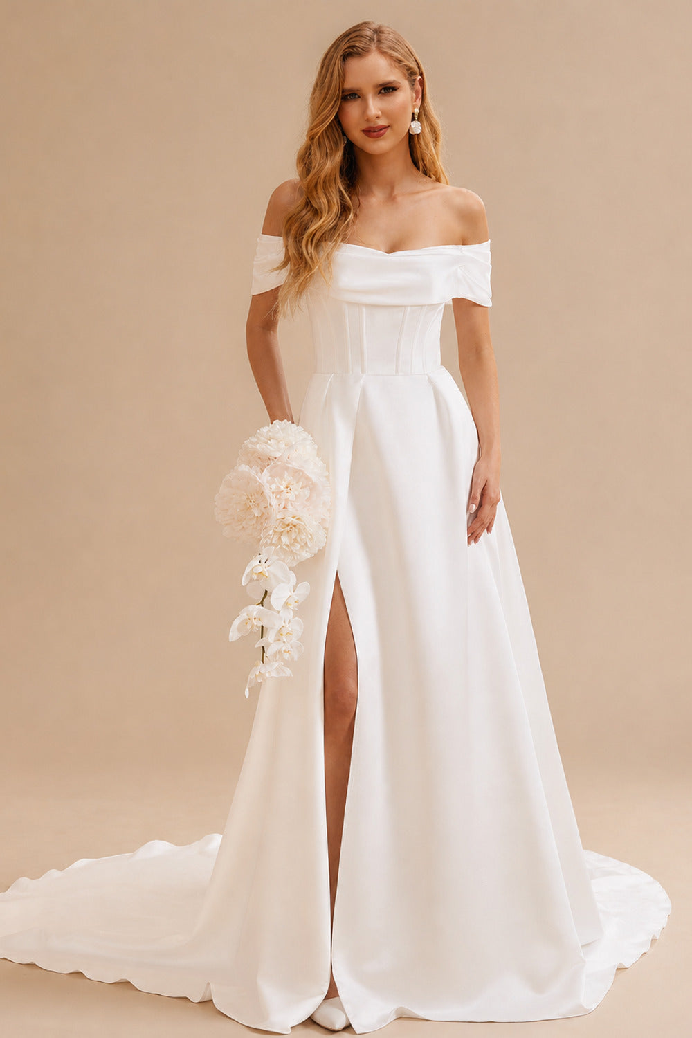 Rutipo Ivory Classic A-line Off-Shoulder High-end Satin Chapel Train Wedding Dress with Pleats Slit