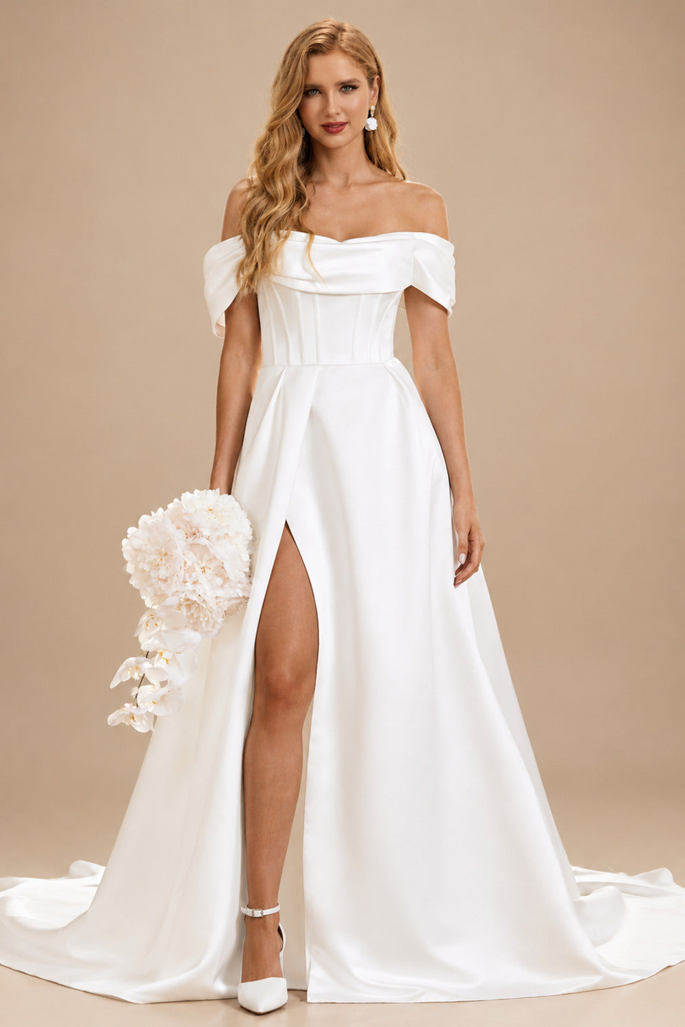 Rutipo Ivory Classic A-line Off-Shoulder High-end Satin Chapel Train Wedding Dress with Pleats Slit