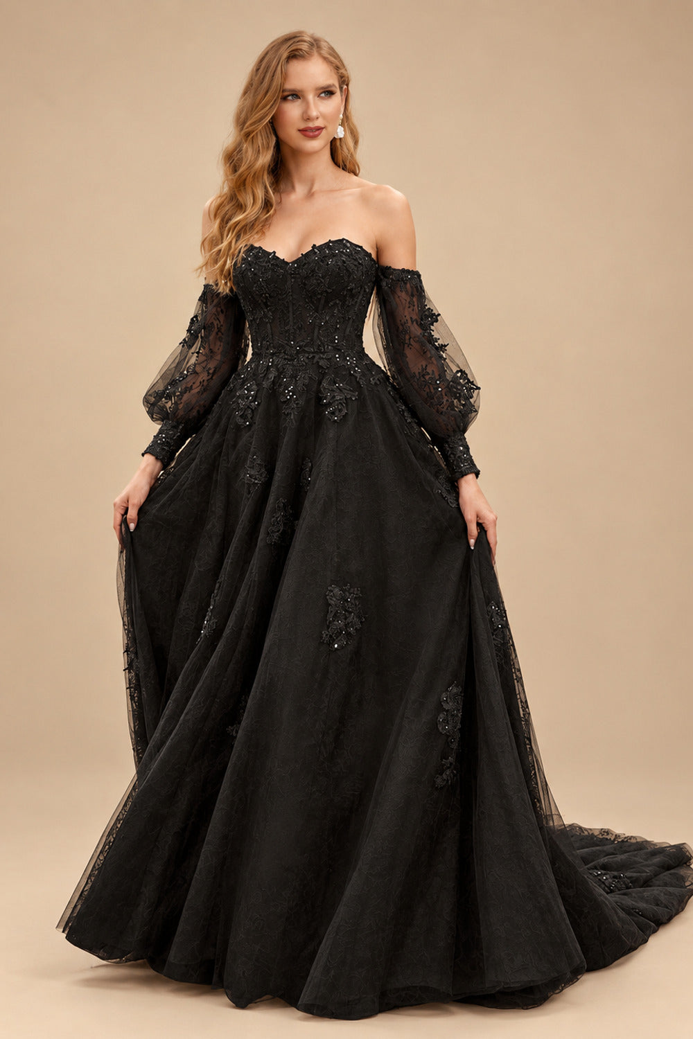 Rutipo Black Gorgeous A-line Corset Tulle Court Train Wedding Dress with Beaded Lace Detachable Bishop Sleeves