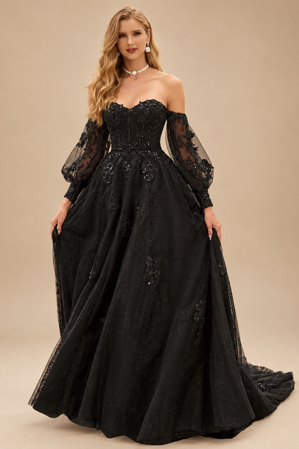 Rutipo Black Gorgeous A-line Corset Tulle Court Train Wedding Dress with Beaded Lace Detachable Bishop Sleeves