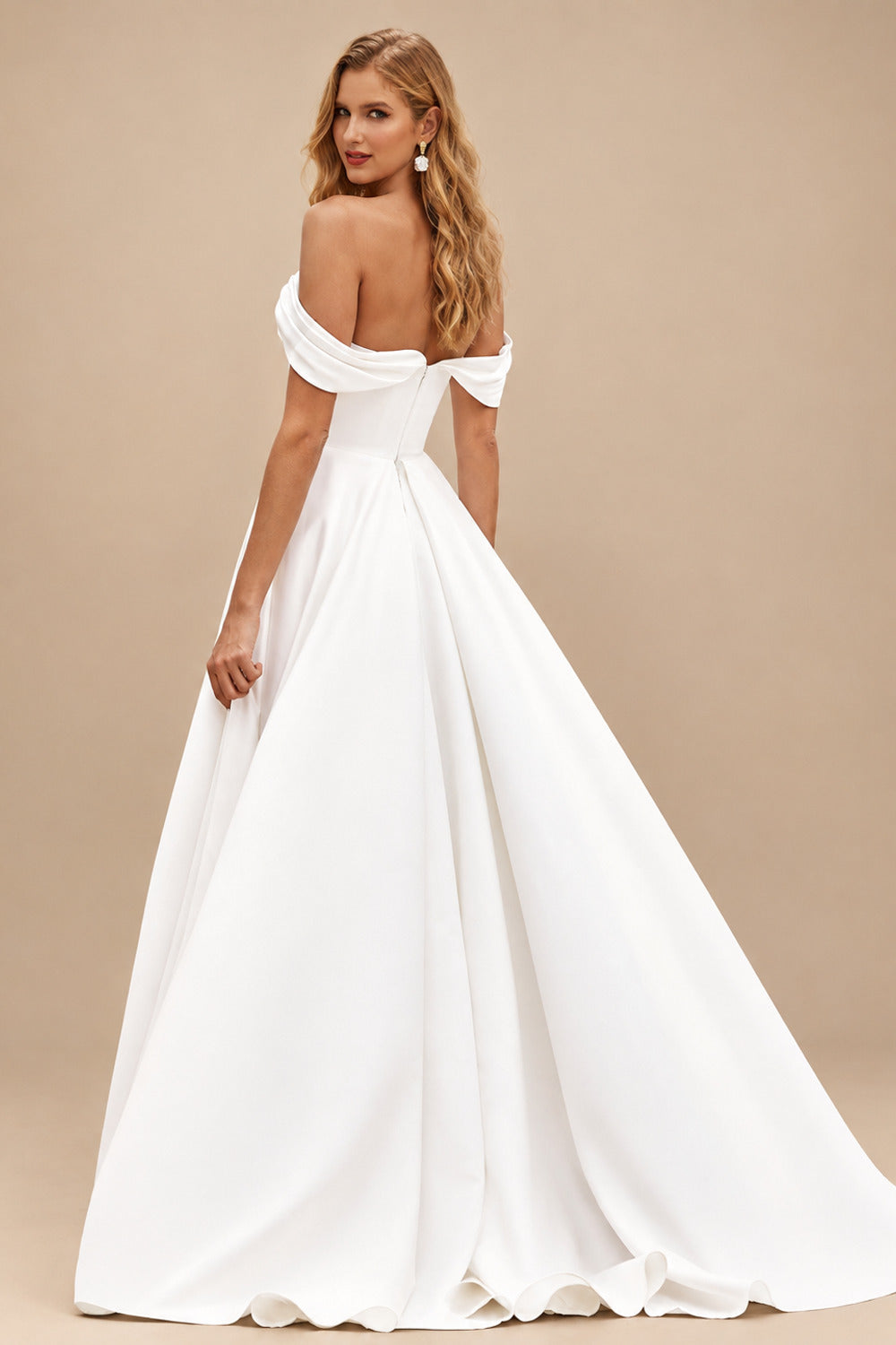 Rutipo Ivory Chic Off-the-Shoulder Luxurious Satin Court Train Wedding Dress with Pleats