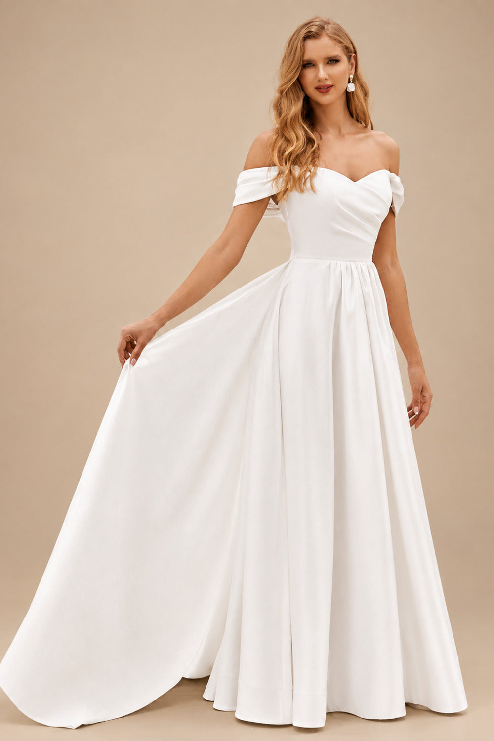 Rutipo Ivory Chic Off-the-Shoulder Luxurious Satin Court Train Wedding Dress with Pleats