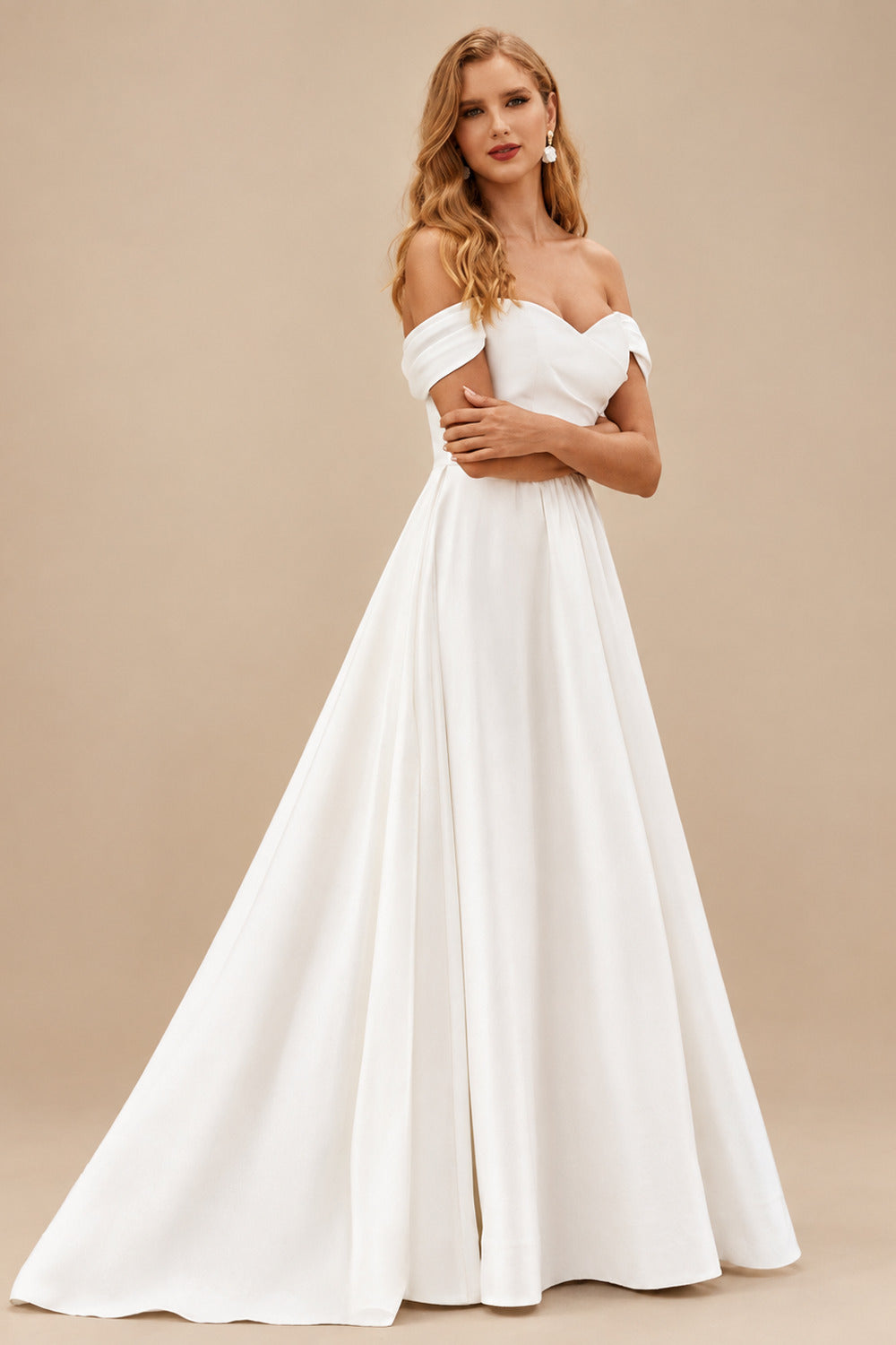 Rutipo Ivory Chic Off-the-Shoulder Luxurious Satin Court Train Wedding Dress with Pleats