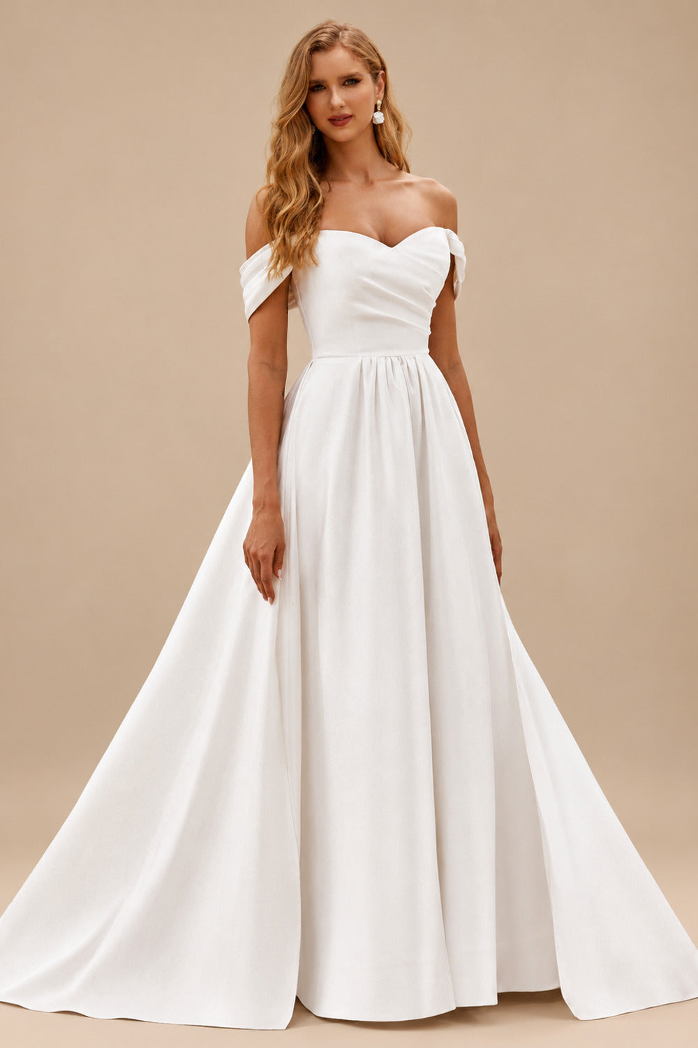 Rutipo Ivory Chic Off-the-Shoulder Luxurious Satin Court Train Wedding Dress with Pleats