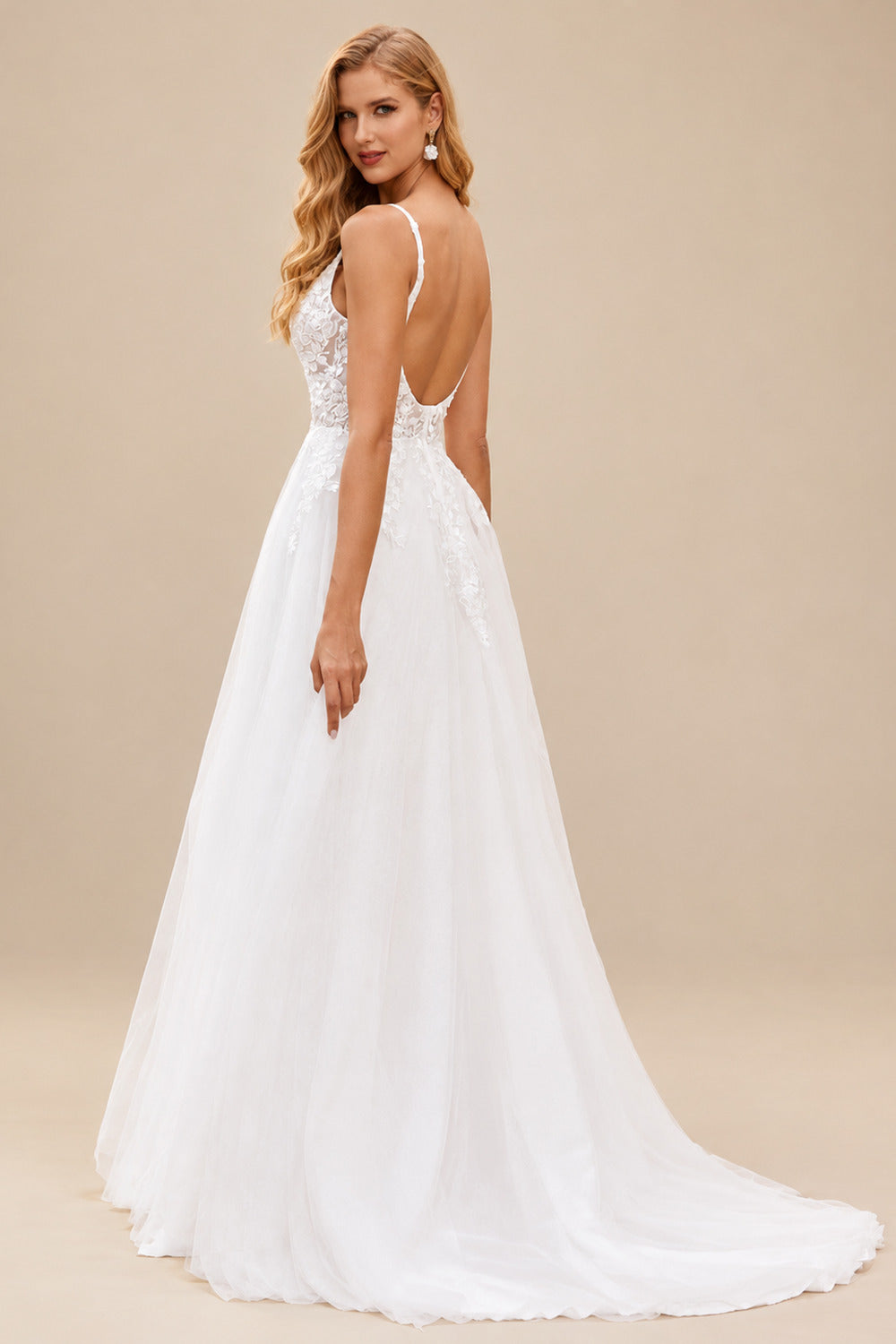 Rutipo Ivory Classic A-line Plunging V Neck Sweep Train Organza Wedding Dress with Floral Lace