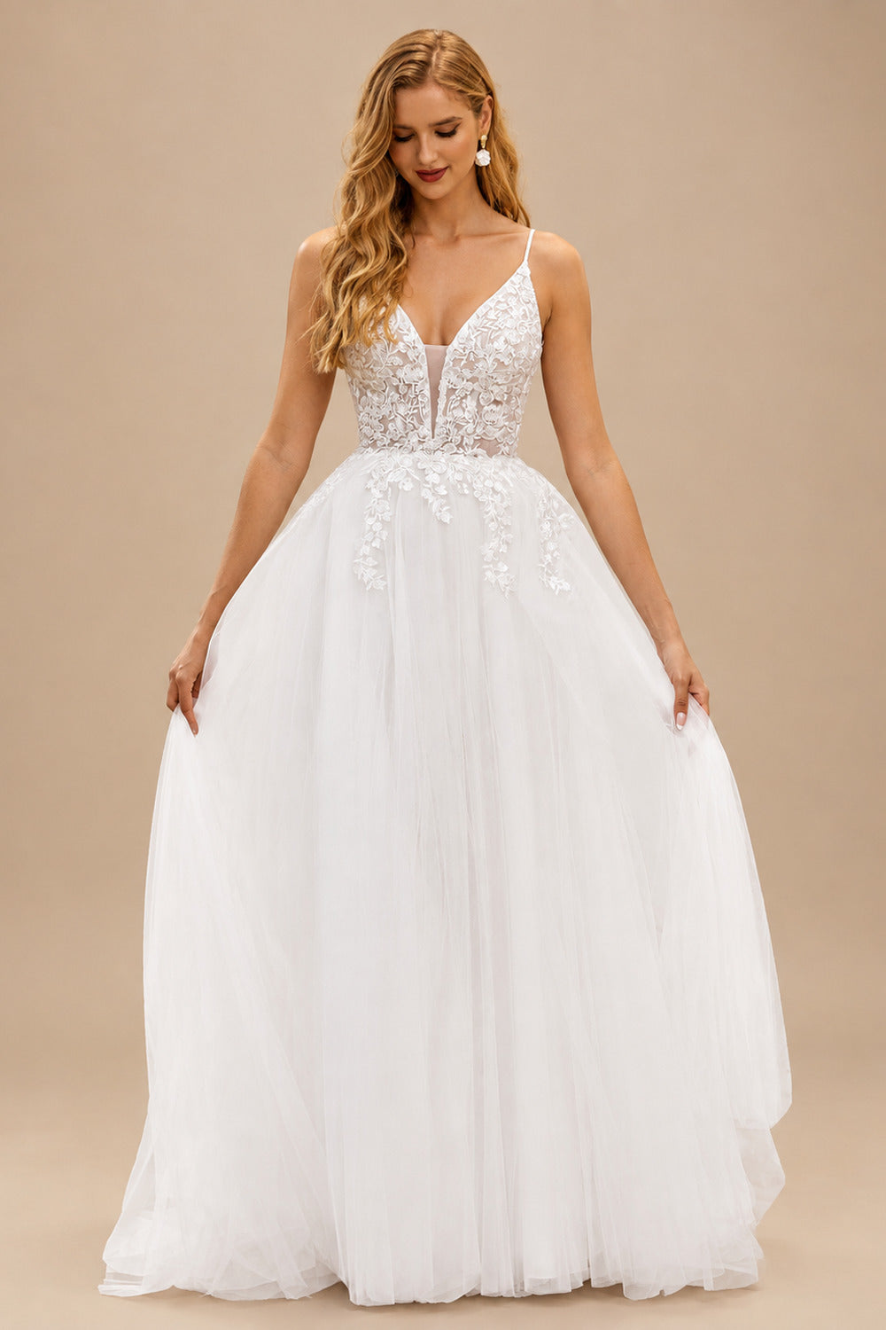 Rutipo Ivory Classic A-line Plunging V Neck Sweep Train Organza Wedding Dress with Floral Lace
