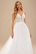 Rutipo Ivory Classic A-line Plunging V Neck Sweep Train Organza Wedding Dress with Floral Lace