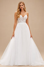 Rutipo Ivory Classic A-line Plunging V Neck Sweep Train Organza Wedding Dress with Floral Lace