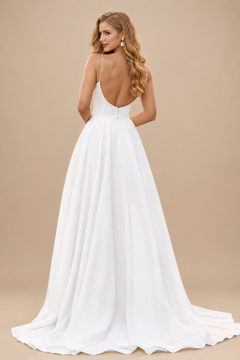 Rutipo Ivory A-line Square Neckline Satin Sweep Train Wedding Dress with Pockets