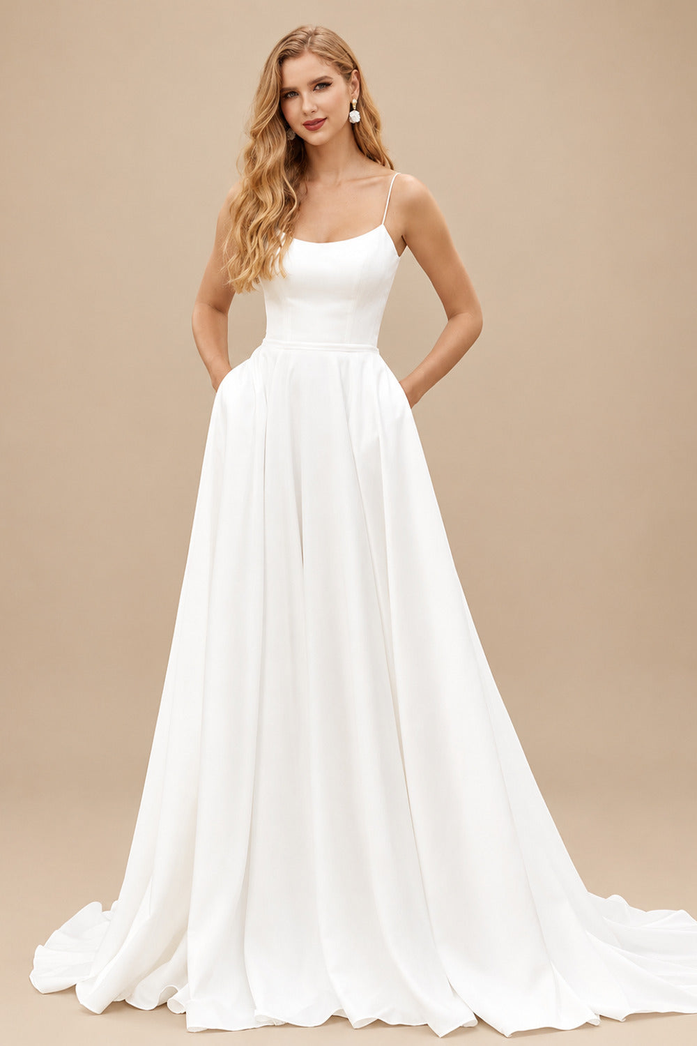 Rutipo Ivory A-line Square Neckline Satin Sweep Train Wedding Dress with Pockets