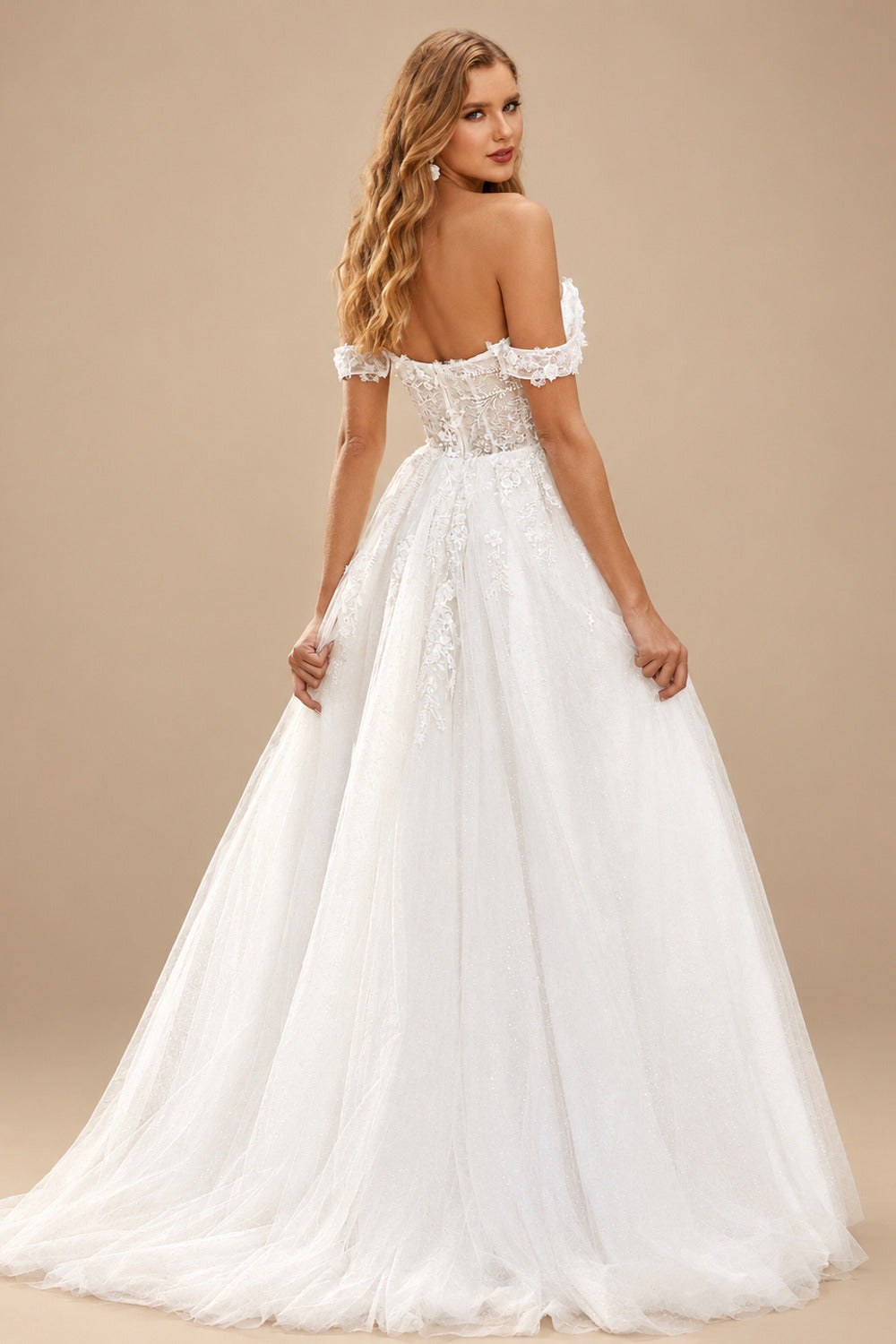 Rutipo Ivory Sparkly A-line Off-Shoulder Floral Embroidered Lace Sweep Train Wedding Dress with High Slit