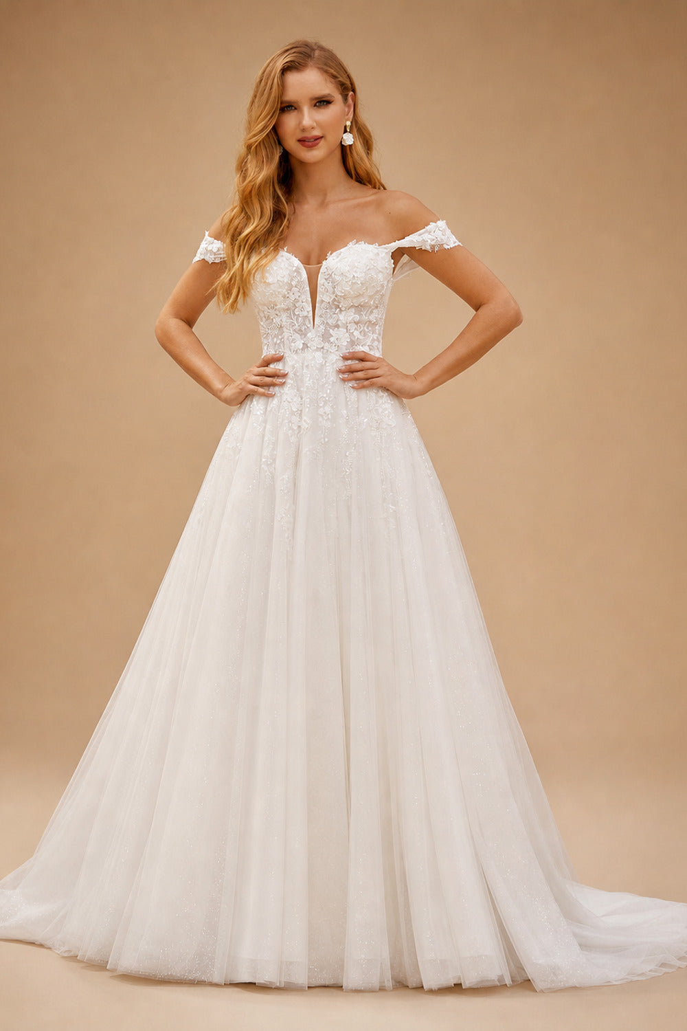 Rutipo Ivory Sparkly A-line Off-Shoulder Floral Embroidered Lace Sweep Train Wedding Dress with High Slit