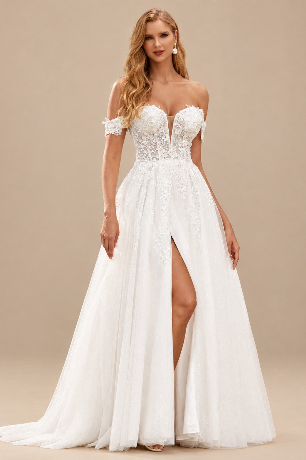Rutipo Ivory Sparkly A-line Off-Shoulder Floral Embroidered Lace Sweep Train Wedding Dress with High Slit