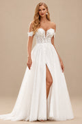 Rutipo Ivory Sparkly A-line Off-Shoulder Floral Embroidered Lace Sweep Train Wedding Dress with High Slit