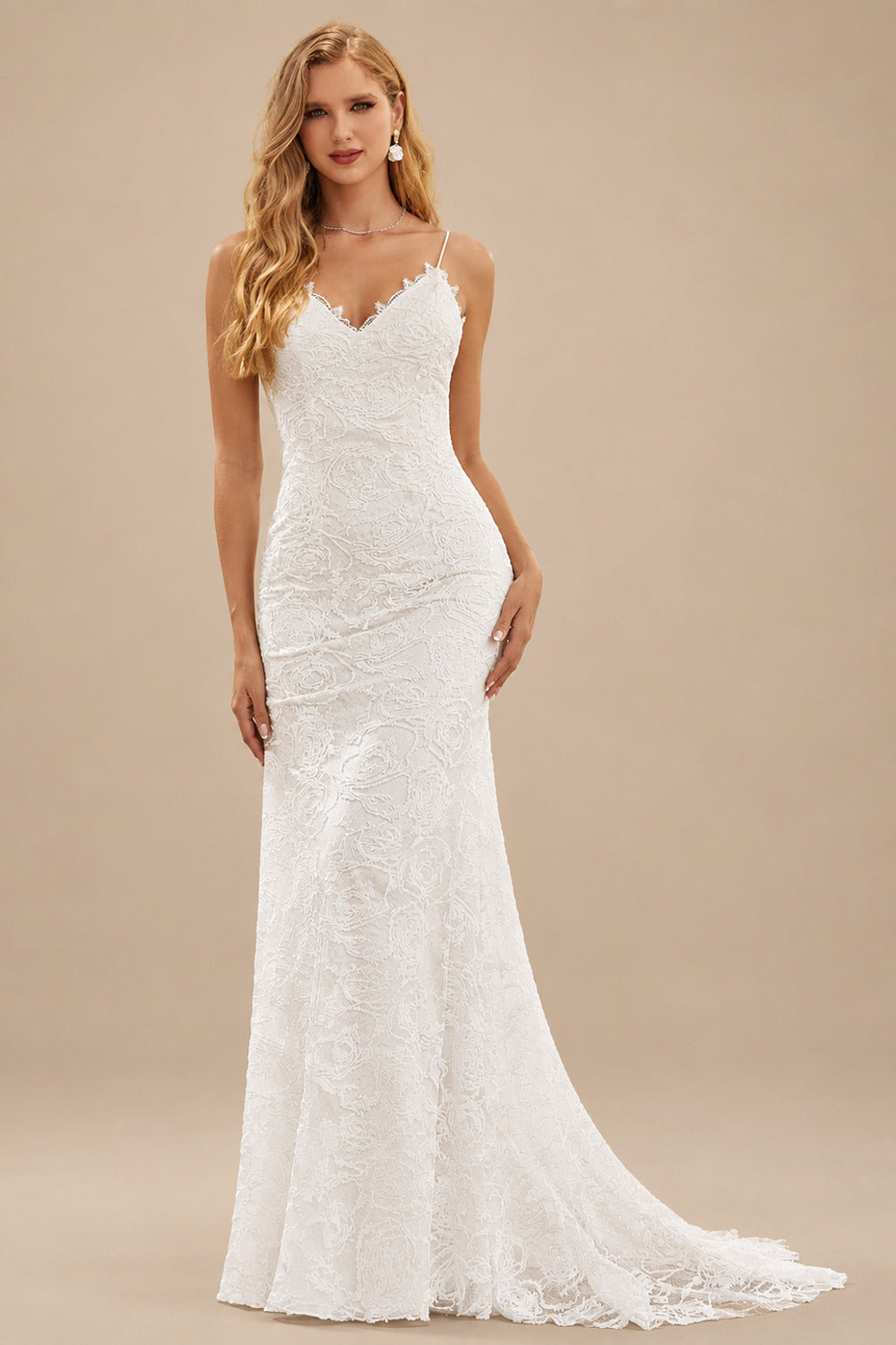 Rutipo Ivory Boho Mermaid V Neck Backless Lace Beach Sweep Train Wedding Dress with Pleats