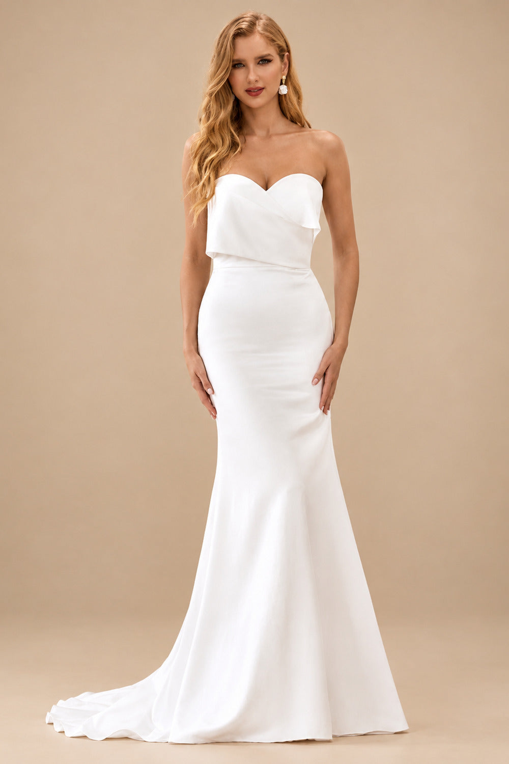 Rutipo Ivory Elegant Sheath Strapless Satin Wedding Dress with Detachable Train
