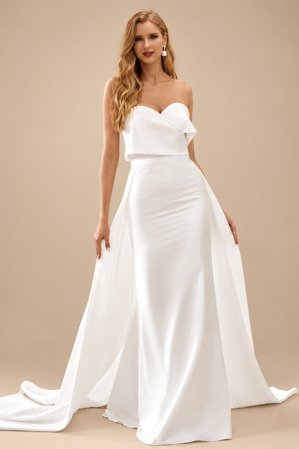 Rutipo Ivory Elegant Sheath Strapless Satin Wedding Dress with Detachable Train