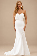 Rutipo Ivory Elegant Sheath Strapless Satin Wedding Dress with Detachable Train