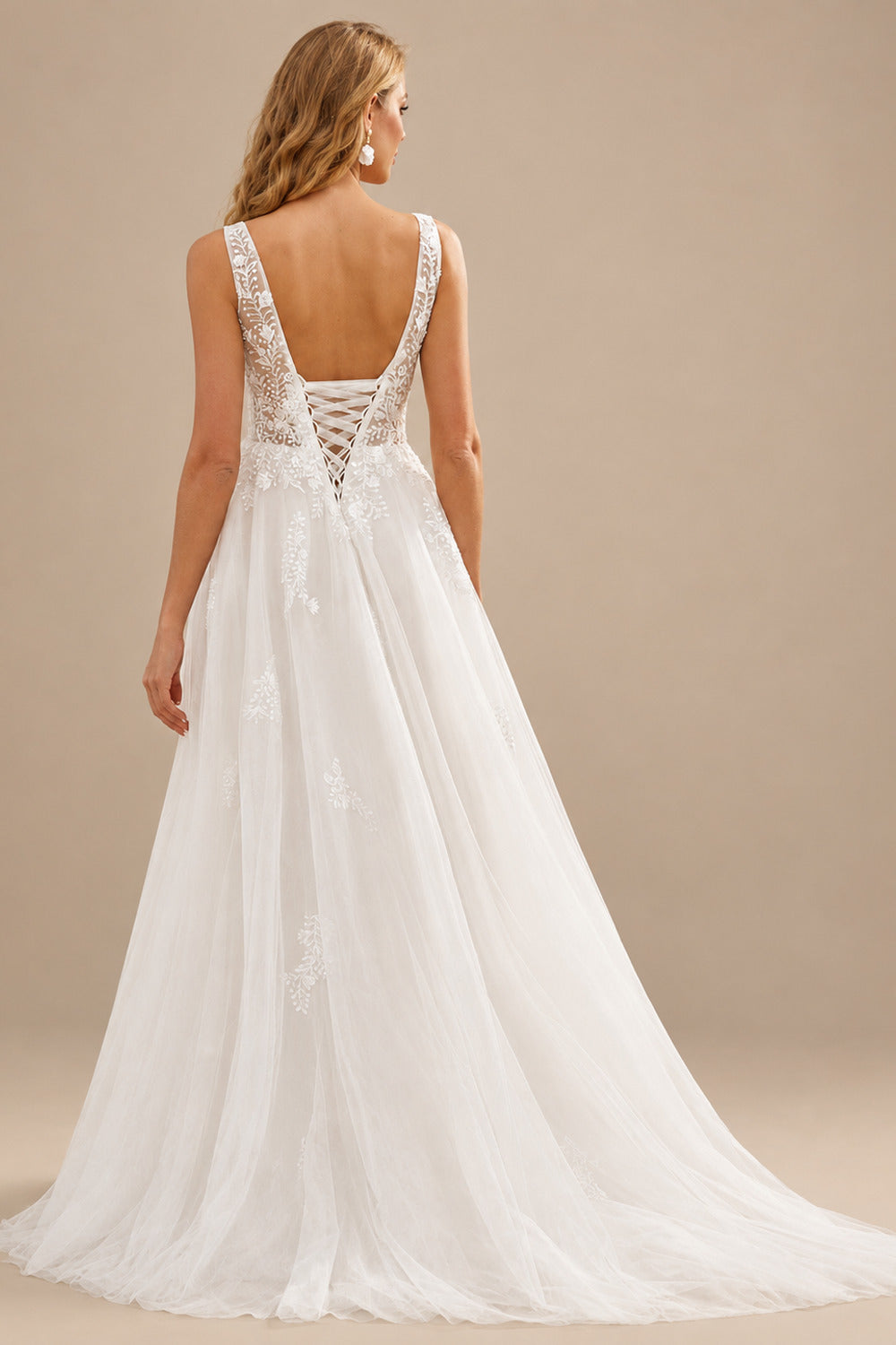 Rutipo Ivory Delicate A-line V Neck Tulle Sweep Train Sheer Corset Wedding Dress with Beaded Lace