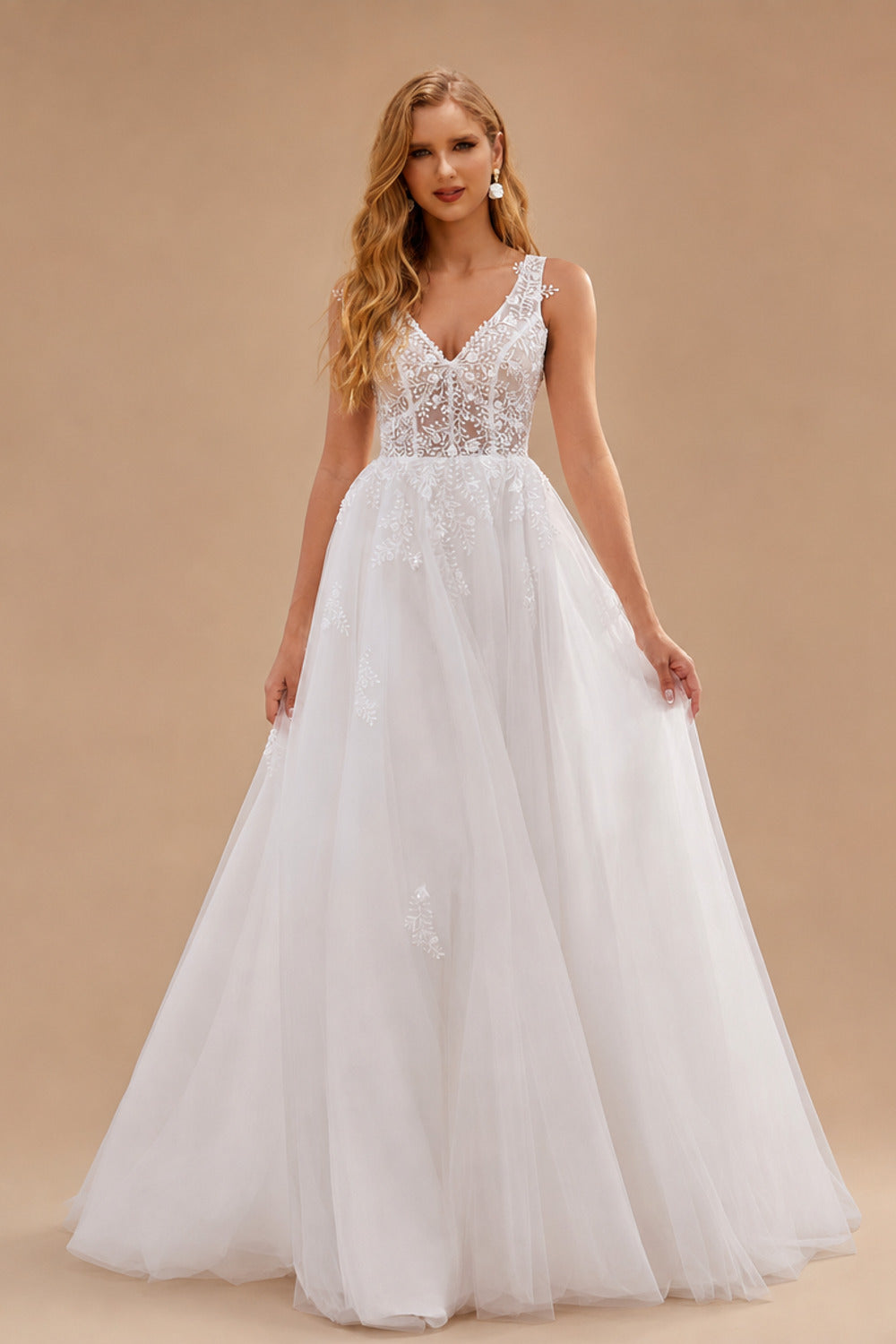 Rutipo Ivory Delicate A-line V Neck Tulle Sweep Train Sheer Corset Wedding Dress with Beaded Lace