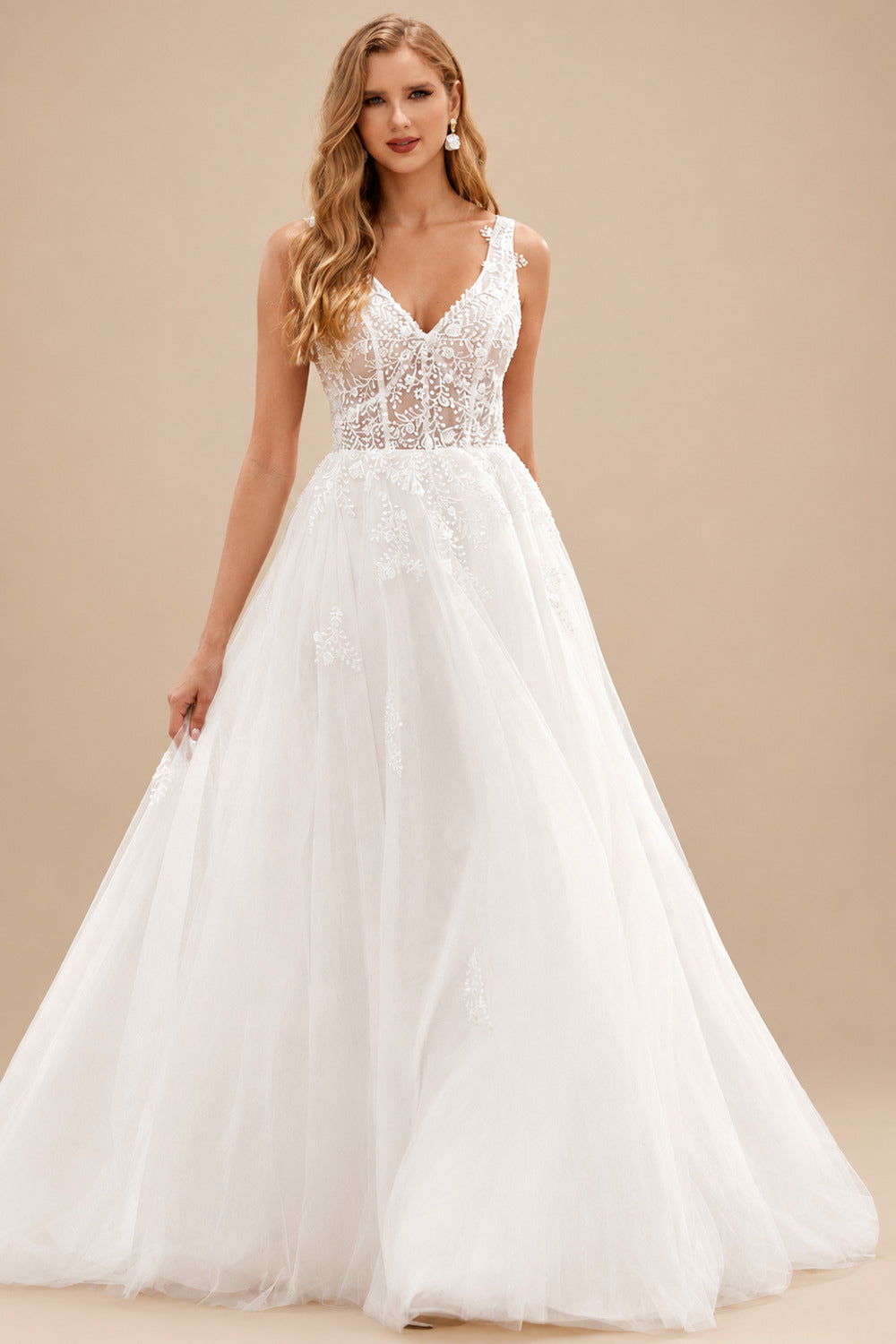 Rutipo Ivory Delicate A-line V Neck Tulle Sweep Train Sheer Corset Wedding Dress with Beaded Lace