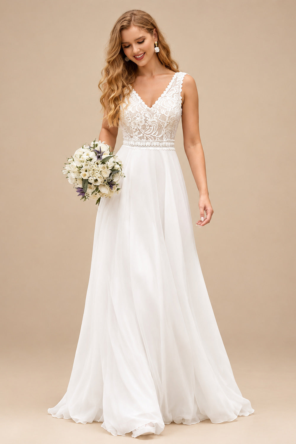 Rutipo Ivory A-line V Neck Chiffon Sweep Train Wedding Dress with Lace