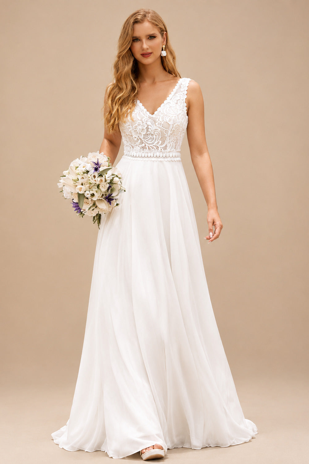 Rutipo Ivory A-line V Neck Chiffon Sweep Train Wedding Dress with Lace