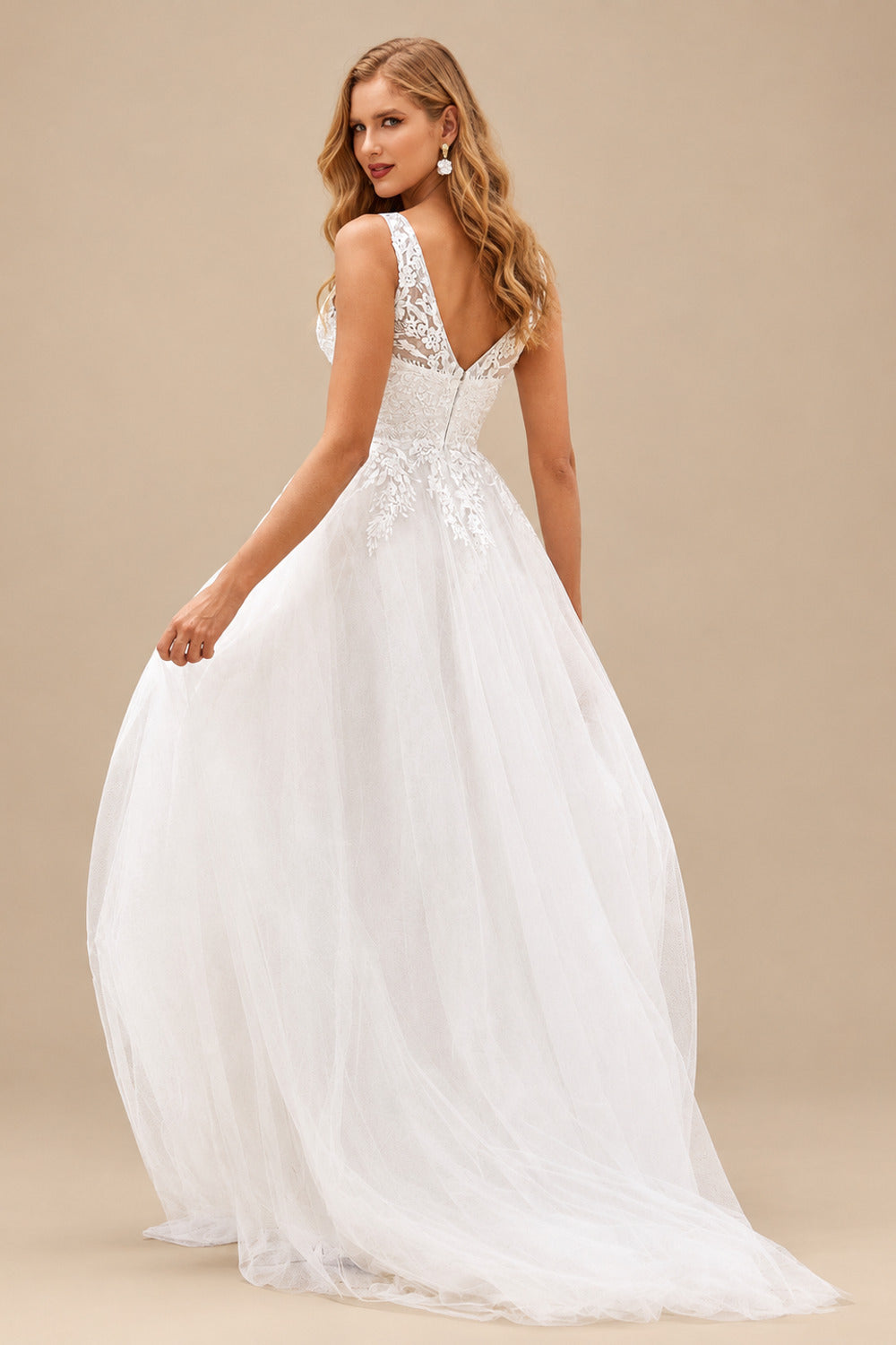 Rutipo Ivory Chic A-Line V-Neck Appliqued Tulle Sweep Train Wedding Dress with Beading