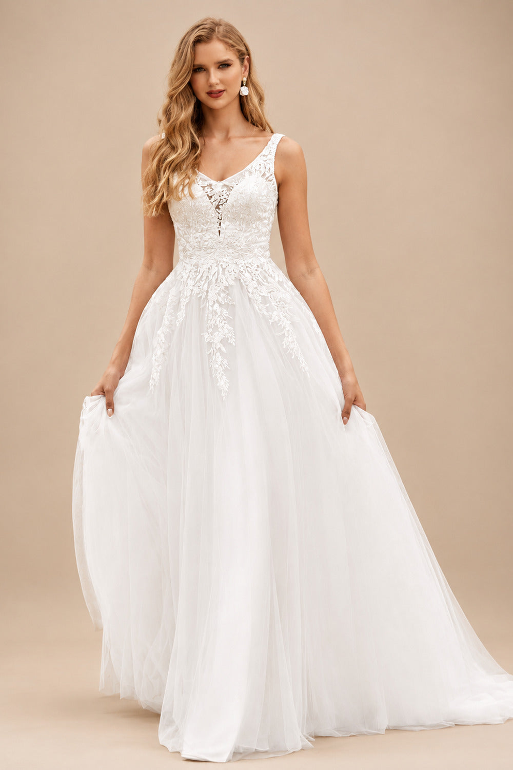 Rutipo Ivory Chic A-Line V-Neck Appliqued Tulle Sweep Train Wedding Dress with Beading
