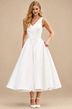 Rutipo Ivory Classic A-Line V-Neck Tea-Length Wedding Dress with Pockets