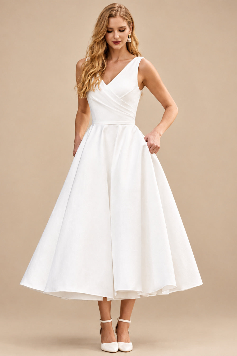 Rutipo Ivory Classic A-Line V-Neck Tea-Length Wedding Dress with Pockets